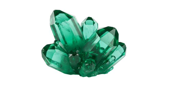 Cluster of faceted emerald green crystals, with sharp points, cutout, PNG isolated on transparent background