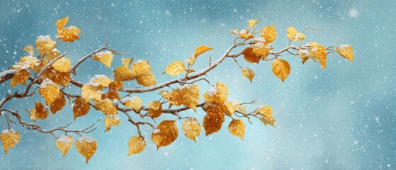 First snow embraces fall's colors in nature's ballet. Commercial image. Vibrant fall leaves and soft snowflakes on a dreamy blue background. Premium quality. Fashion beauty.