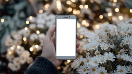 手にしたスマートフォンと光に包まれた背景の柔らかな情景|冬の室内|女性の手元|ボケ感|キラキラ背景|スマホモックアップ|癒しの雰囲気写真素材