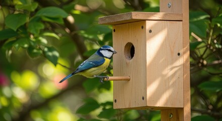 Small bird perches on wooden nesting box, sunlight dappling through green leaves