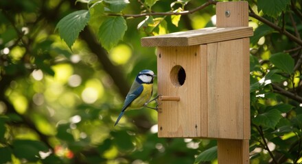Small blue bird perches on wooden nesting box, framed by green foliage