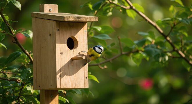 Small bird perched on a wooden birdhouse with a circular entrance