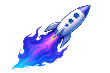 Speeding rocket emoji launching with vibrant purple and blue flame, symbolizing startup growth and progress on transparent background