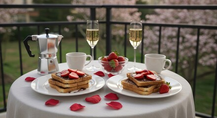 Romantic breakfast for two on a balcony with strawberries, toast, and coffee