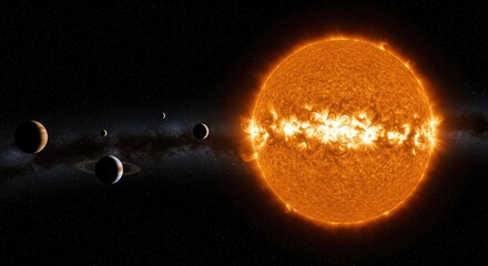 Fiery sun illuminates distant planets and rings orbiting in the vast, star-filled cosmic expanse