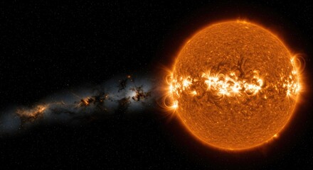 Fiery sun expels glowing plasma cloud into vast starfield