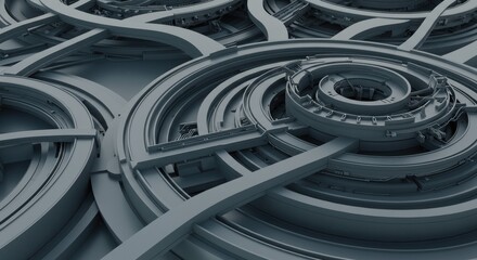 Abstract, intricate metallic circular structures with complex pathways and interconnected mechanical elements