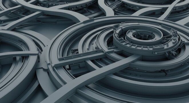 Abstract, intricate metallic circular structures with complex pathways and interconnected mechanical elements