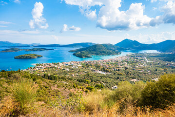 Amazing view of Nidri bay with sea and mountains from lookout point, Lefkada island, Greece