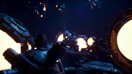 A swarm of glowing robotic pods flying in a dark void; a sci-fi backdrop