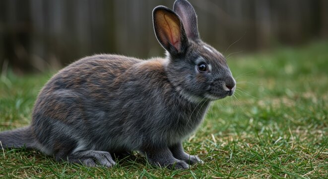 A grey-brown rabbit with long ears sits alertly on green grass