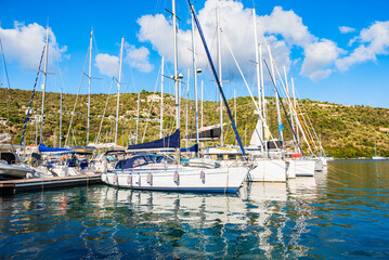 Sailing boats anchoring in Sivota port, Lefkada island, Greece