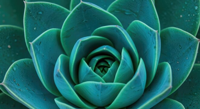 Close-up of a teal succulent's geometric petal arrangement, water droplets visible