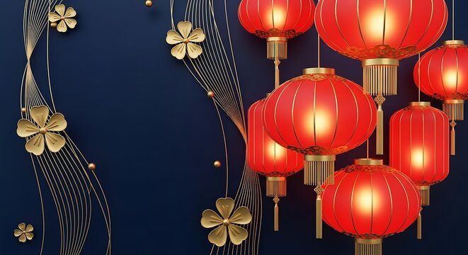 Glowing red chinese lanterns and golden flowers on blue background - Powered by Adobe