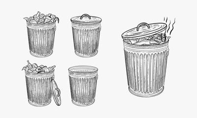 Doodle style trash can sketch in vector format.  Set includes garbage cans in a variety of states