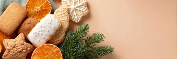 A festive arrangement of Christmas cookies, including gingerbread stars and snowflakes, alongside dried orange slices and pine branches on a light background. banner