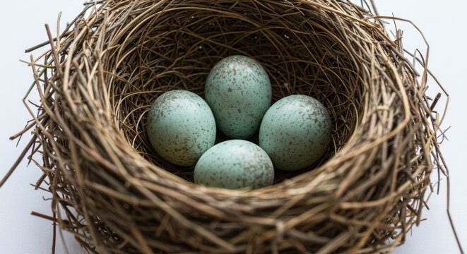 A delicate bird's nest woven from twigs, cradling four speckled, pale blue eggs - Powered by Adobe