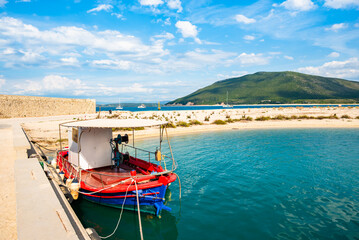 Old fishing boat on shore near Lefkada town, Lefkada island, Greece