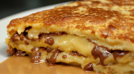 Close-up shot of a delicious sandwich with melted chocolate and cheese filling, served on a plate.