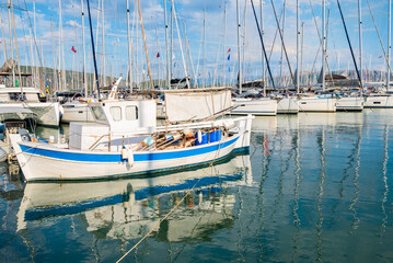 Old fishing boat anchoring in Lefkada port, Lefkada island, Greece