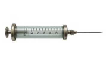 Vintage glass syringe showing needle and plunger, preparing for medicine injection on transparent background