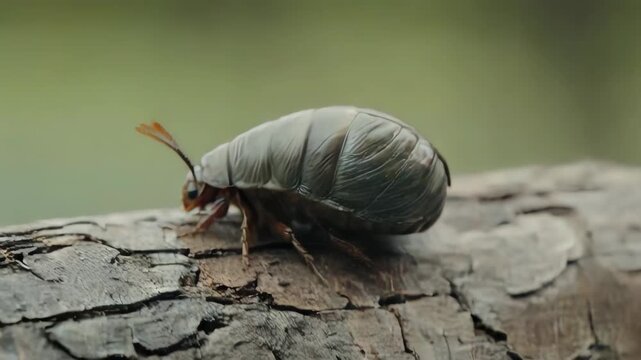 A close-up of a beetle walking on a weathered log