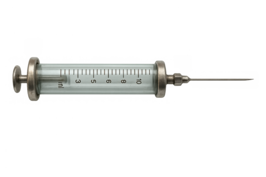Vintage glass syringe showing needle and plunger, preparing for medicine injection on transparent background