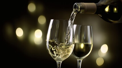 ferment. Two glasses of white wine being poured from a bottle, capturing liquid motion against a dark background. bar promotions, beverage menus, designed for product packaging and bar promotions.