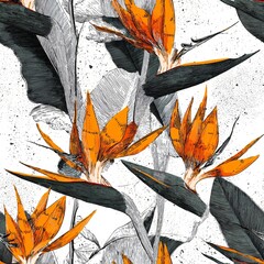 Naklejka premium Seamless pattern with orange bird of paradise flower. Tropical floral design with graphic tropical plant, abstract fabric print for decor and paper.