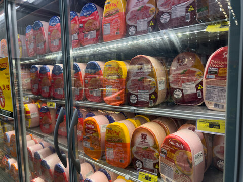 BELO HORIZONTE, MG/BRAZIL &ndash; NOVEMBER, 15, 2025: Cooked ham brands like Rezende and Pif Paf in a supermarket refrigerator.