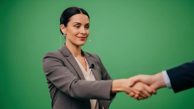 A woman in a suit shakes hands in front of a green screen