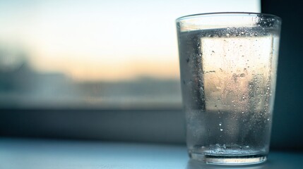 lucid. A refreshing glass of water with condensation, highlighting simplicity and purity. bar promotions, beverage menus, designed for product packaging and bar promotions, used by data analysts.