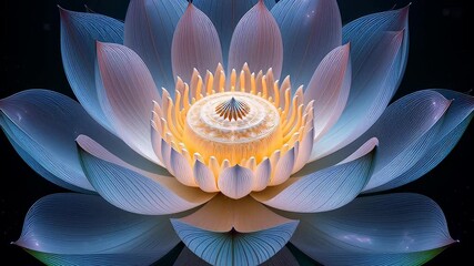 Spiritual awakening and enlightenment symbolized by a glowing blue lotus flower blooming in a mystical animation for meditation.