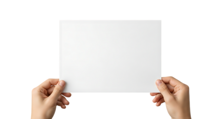 Two hands, holding a blank white rectangular paper sheet, isolated on white or transparent background. PNG