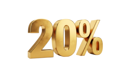 Shiny Golden 3 D Twenty Percent Symbol, with subtle reflections, isolated on white or transparent background. PNG