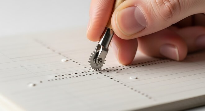 Creating perforated lines with a tracing wheel, close-up on a white surface