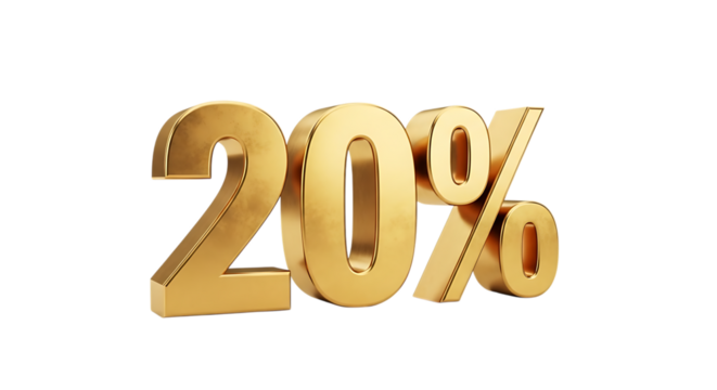 Shiny Golden 3 D Twenty Percent Symbol, with subtle reflections, isolated on white or transparent background. PNG