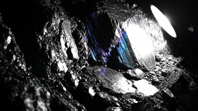 Iridescent anthracite coal shines under a spotlight revealing vibrant colors and textures in a dark environment showcasing the beauty of natural resources and geological formations