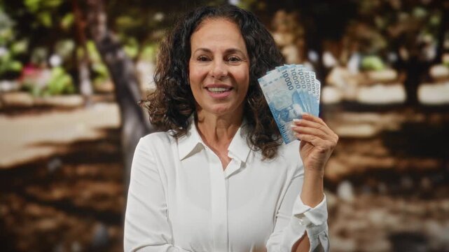 Woman smiling while holding chilean pesos in a park, showcasing currency with a joyful expression outdoors.