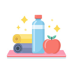 Healthy Lifestyle Elements Including Yoga Mat Apple and Water
