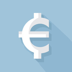 A White Euro Symbol With Long Shadow on Blue Background