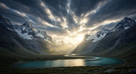 Majestic mountain range at sunrise, reflected in serene lake