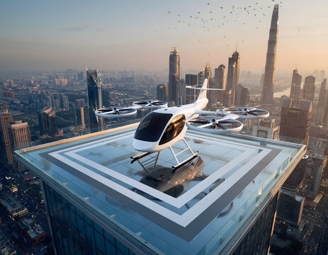 Electric VTOL Drone Taxi Landing on Skyscraper