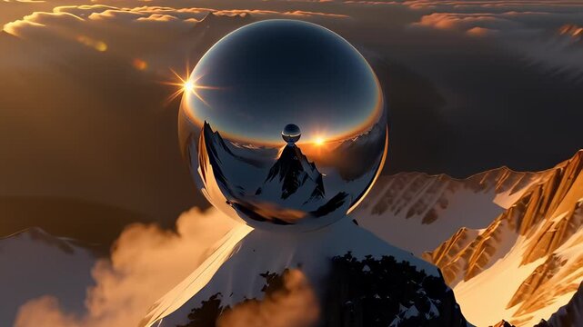 The pinnacle of success is visualized by a surreal, reflective sphere perfectly balanced on a majestic mountain peak at sunrise, symbolizing achievement and ambition.