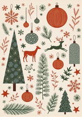 Vintage Christmas illustration with festive trees, deer, ornaments and botanical elements in retro green and red holiday color palette