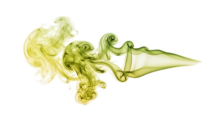 Swirling wisps of yellow and green smoke, forming abstract shapes, isolated on white or transparent background. PNG