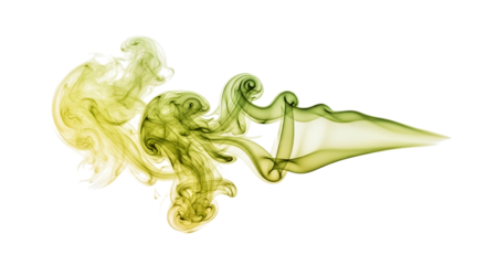 Swirling wisps of yellow and green smoke, forming abstract shapes, isolated on white or transparent background. PNG