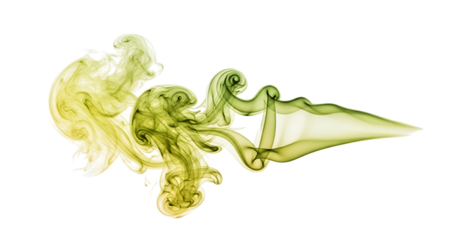 Swirling wisps of yellow and green smoke, forming abstract shapes, isolated on white or transparent background. PNG