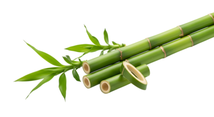 Fresh green bamboo stalks, with vibrant leaves and cut sections, isolated on white or transparent background. PNG