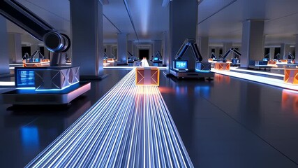 Futuristic supply chain animation of a global logistics network with an automated warehouse showing distribution and delivery. - Powered by Adobe